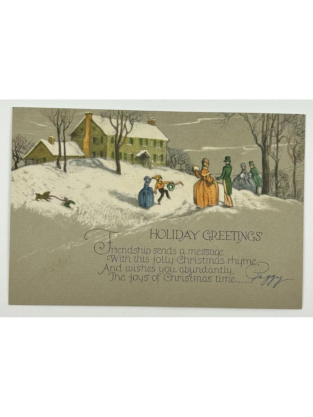 Vintage Christmas Greeting Card Winter Scene Poem Signed Peggy Made in USA  E-10